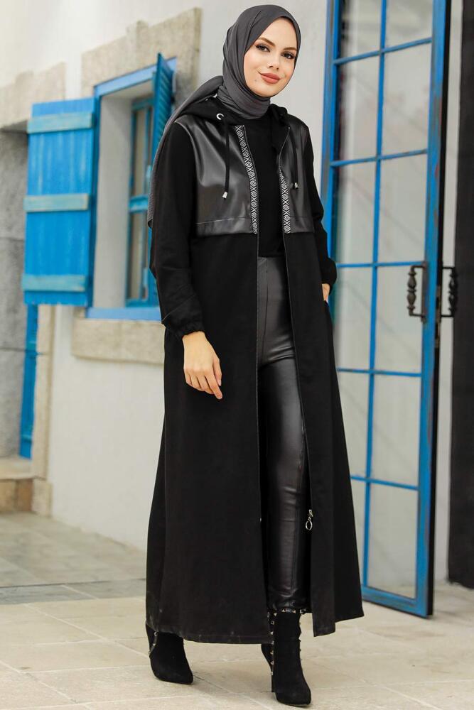 Neva Style - Deri Detaylı Siyah Tesettür Kap 13620S - 1