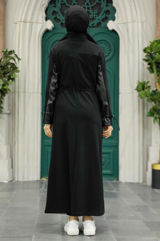 Neva Style - Deri Detaylı Siyah Tesettür Kap 1365S - 2