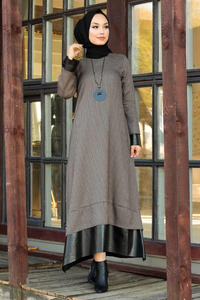 Neva Style - Deri Detaylı Taba Tesettür Elbise 3348TB - 1