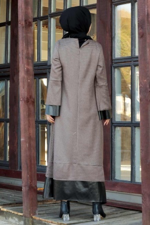 Neva Style - Deri Detaylı Taba Tesettür Elbise 3348TB - 2