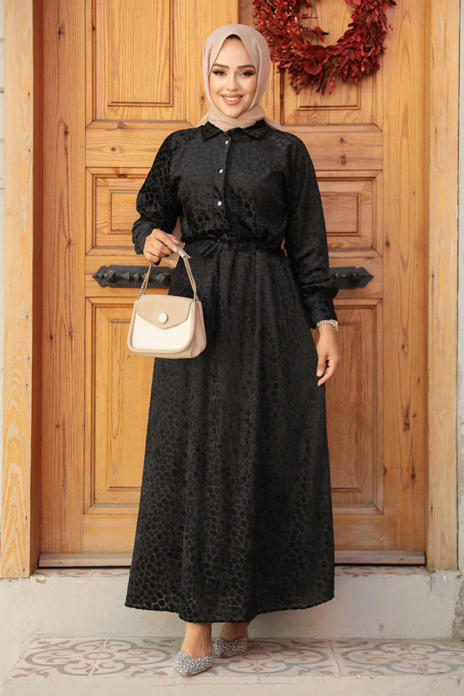 Neva Style - Deri Görünümlü Siyah Tesettür Elbise 92690S - 2