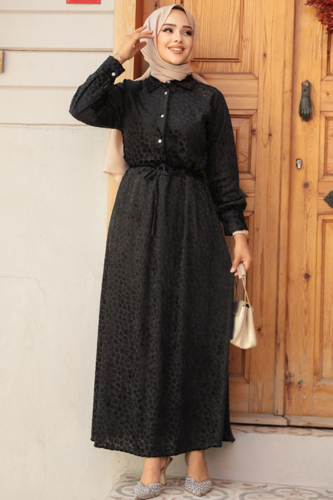 Neva Style - Deri Görünümlü Siyah Tesettür Elbise 92690S - 1