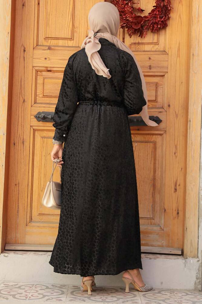 Neva Style - Deri Görünümlü Siyah Tesettür Elbise 92690S - 3
