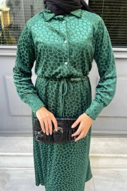 Neva Style - Deri Görünümlü Yeşil Tesettür Elbise 92690Y - Thumbnail