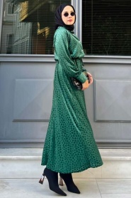 Neva Style - Deri Görünümlü Yeşil Tesettür Elbise 92690Y - Thumbnail