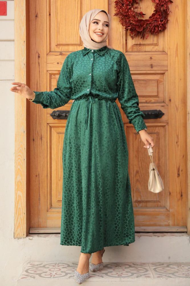 Neva Style - Deri Görünümlü Yeşil Tesettür Elbise 92690Y - 1