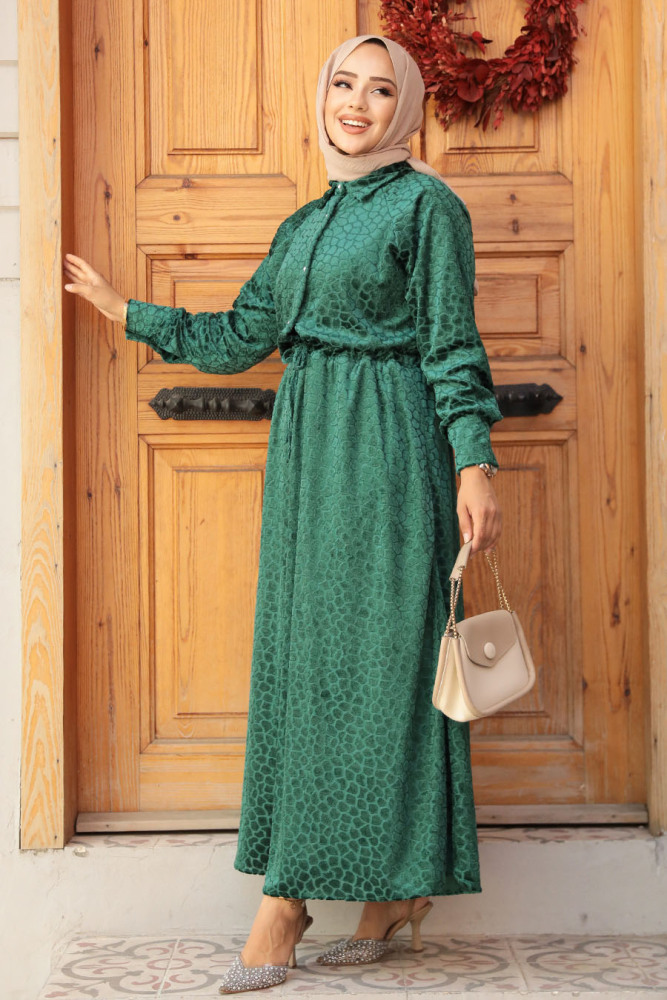 Neva Style - Deri Görünümlü Yeşil Tesettür Elbise 92690Y - 2
