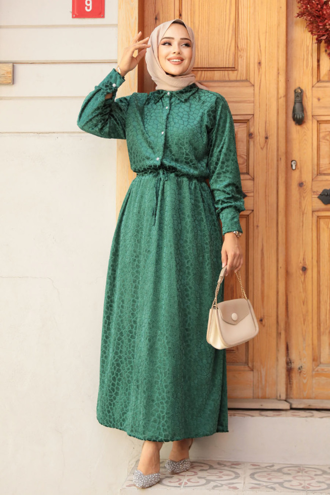 Neva Style - Deri Görünümlü Yeşil Tesettür Elbise 92690Y - 3