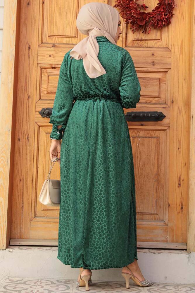 Neva Style - Deri Görünümlü Yeşil Tesettür Elbise 92690Y - 4
