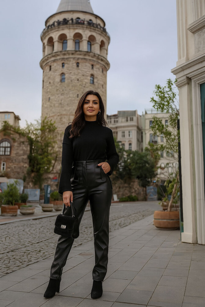 Neva Style - Deri Siyah Tesettür Pantolon 10195S - 1