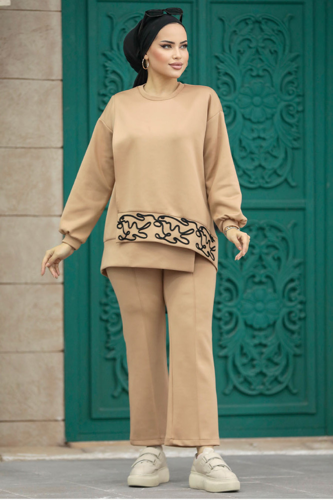Neva Style - Desen Detaylı Bisküvi Tesettür İkili Takım 7113BS - 2