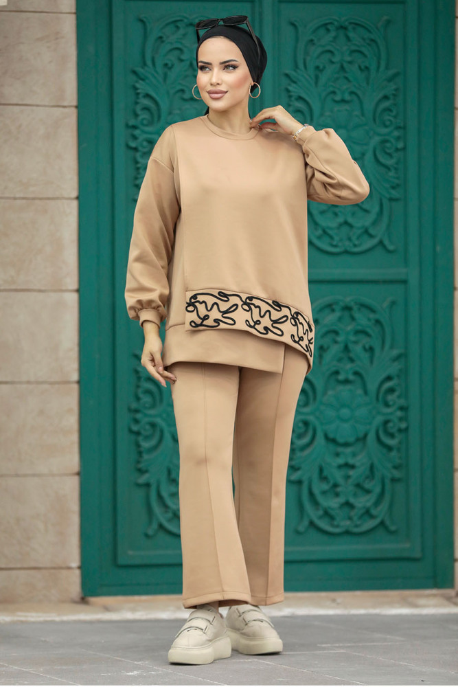 Neva Style - Desen Detaylı Bisküvi Tesettür İkili Takım 7113BS - 1