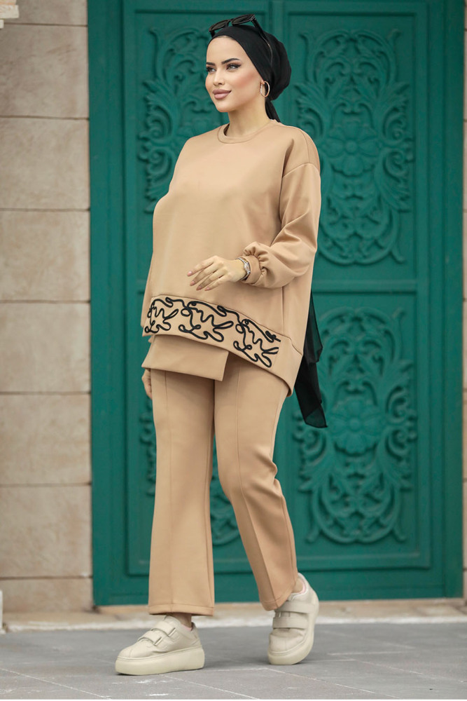 Neva Style - Desen Detaylı Bisküvi Tesettür İkili Takım 7113BS - 3