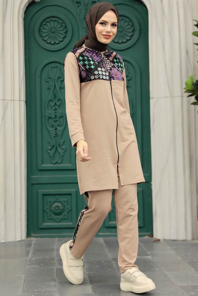 Neva Style - Desen Detaylı Camel Tesettür İkili Takım 13660C - 2