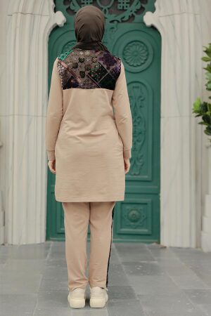 Neva Style - Desen Detaylı Camel Tesettür İkili Takım 13660C - 3