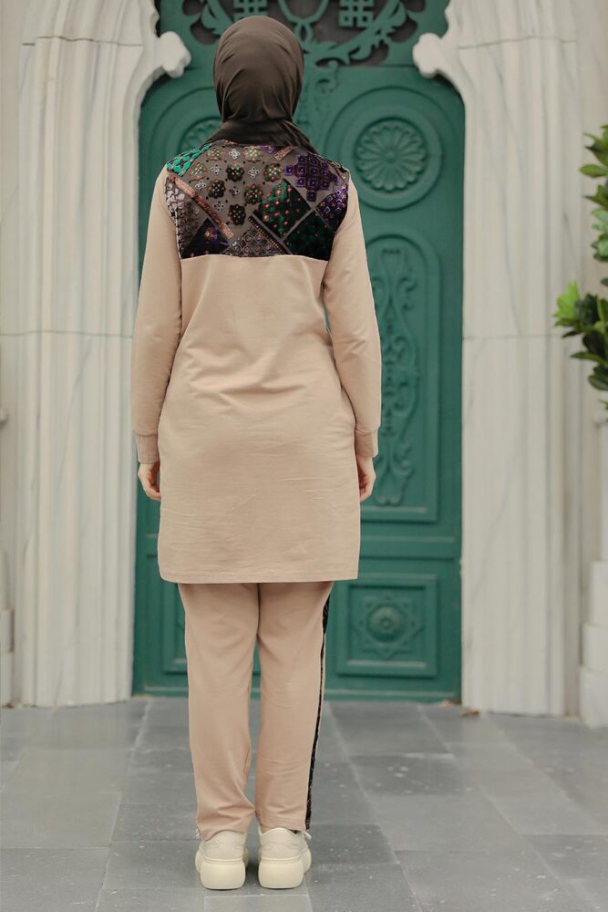 Neva Style - Desen Detaylı Camel Tesettür İkili Takım 13660C - 3