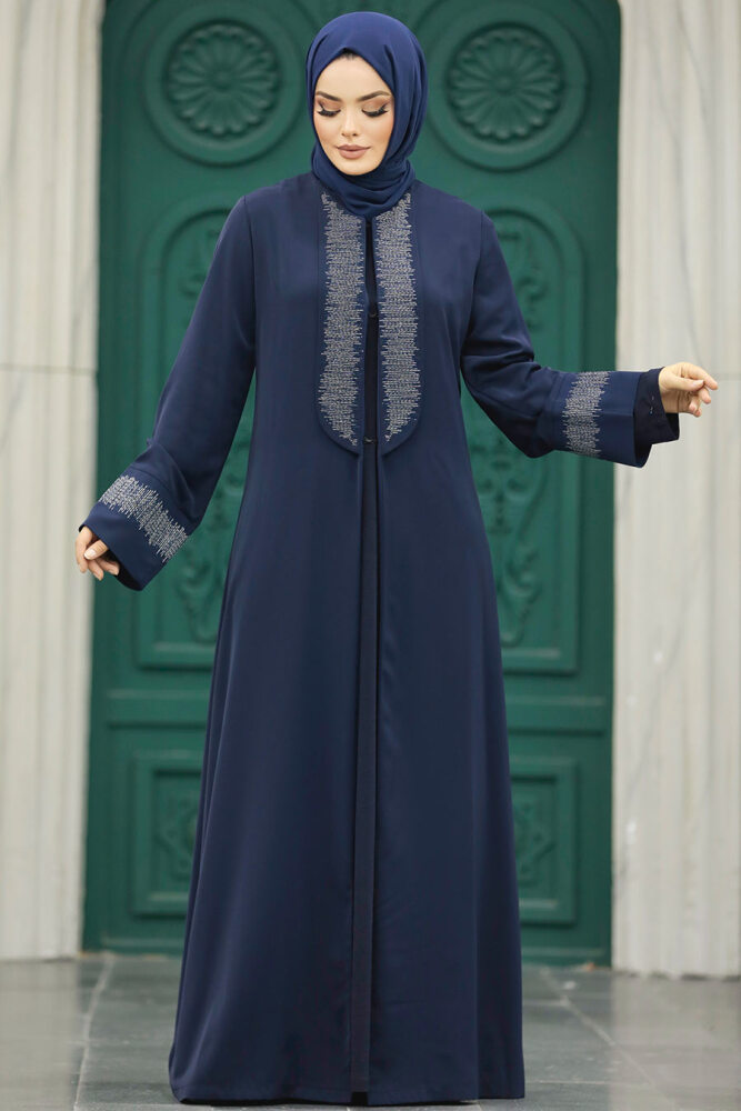 Neva Style - Desen Detaylı Lacivert Tesettür Abaya 31131L - 1