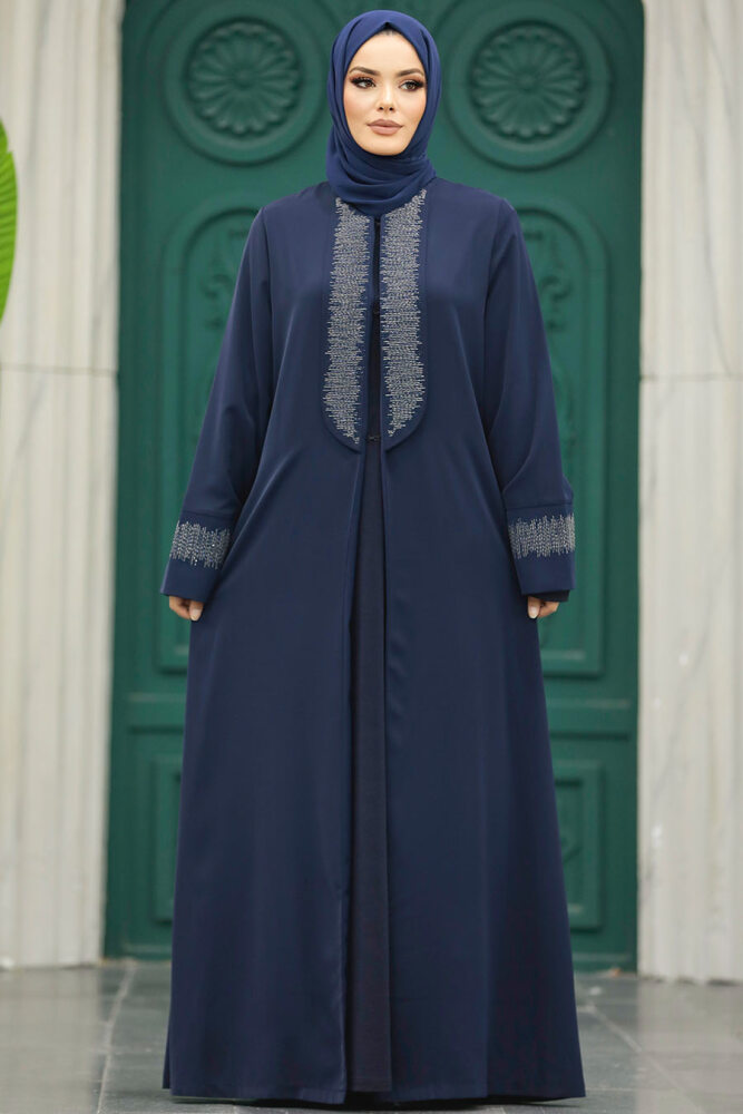 Neva Style - Desen Detaylı Lacivert Tesettür Abaya 31131L - 2