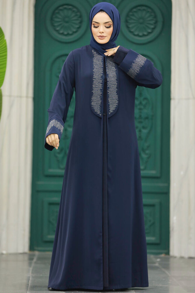Neva Style - Desen Detaylı Lacivert Tesettür Abaya 31131L - 3