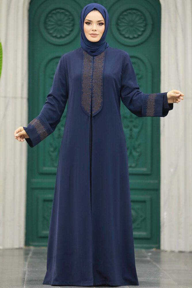 Neva Style - Desen Detaylı Lacivert Tesettür Abaya 31132L - 2