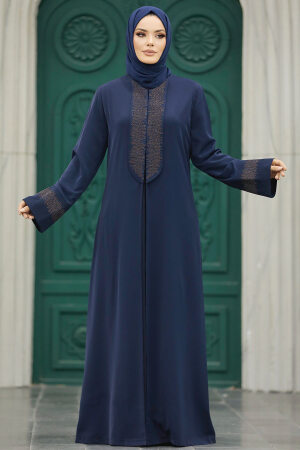 Neva Style - Desen Detaylı Lacivert Tesettür Abaya 31132L - 3