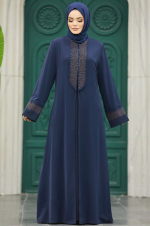 Neva Style - Desen Detaylı Lacivert Tesettür Abaya 31132L - 4