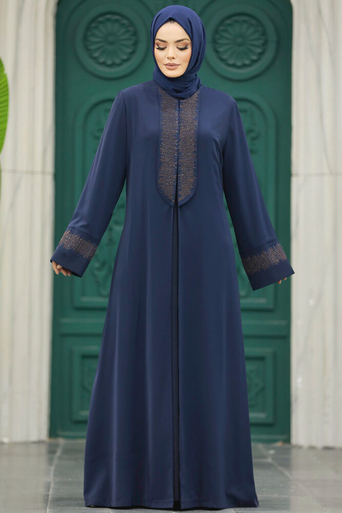Neva Style - Desen Detaylı Lacivert Tesettür Abaya 31132L - 4