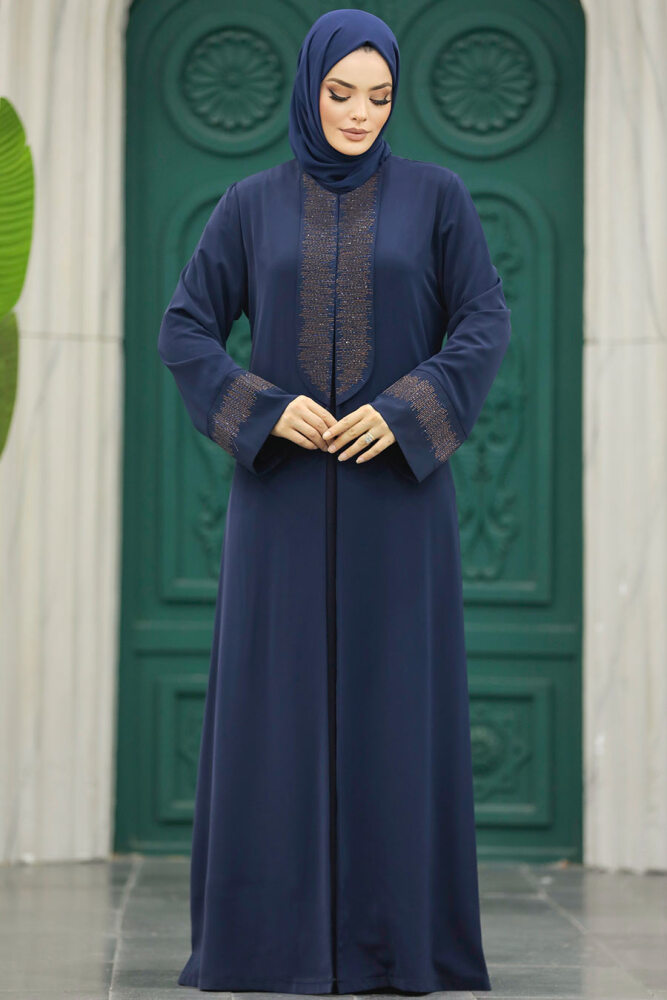 Neva Style - Desen Detaylı Lacivert Tesettür Abaya 31132L - 5