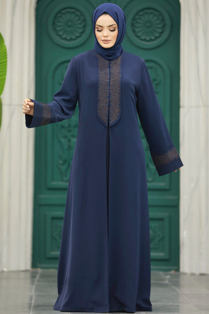Neva Style - Desen Detaylı Lacivert Tesettür Abaya 31132L - 1