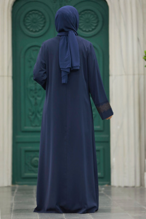 Neva Style - Desen Detaylı Lacivert Tesettür Abaya 31132L - 6
