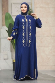 Neva Style - Desen Detaylı Lacivert Tesettür Elbise 10136L - Thumbnail