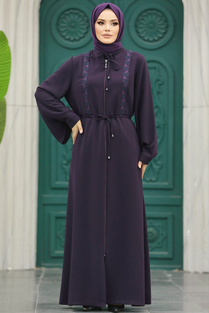 Neva Style - Desen Detaylı Mürdüm Tesettür Ferace 91502MU - 1