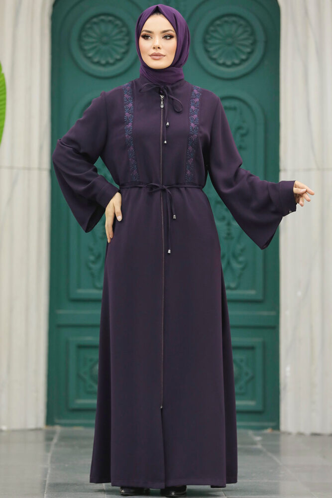 Neva Style - Desen Detaylı Mürdüm Tesettür Ferace 91502MU - 2