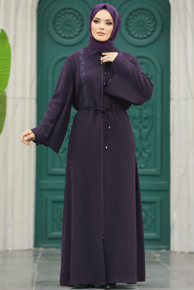 Neva Style - Desen Detaylı Mürdüm Tesettür Ferace 91502MU - 3