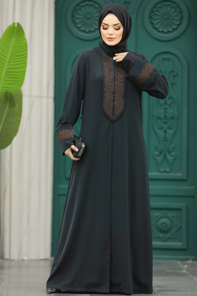 Neva Style - Desen Detaylı Siyah Tesettür Abaya 31131S - 3