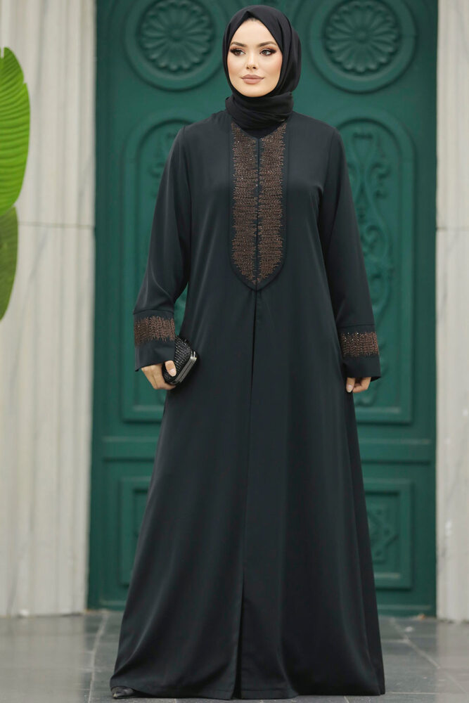 Neva Style - Desen Detaylı Siyah Tesettür Abaya 31131S - 4