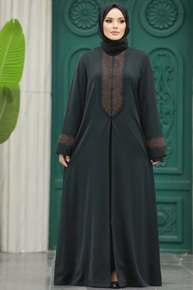 Neva Style - Desen Detaylı Siyah Tesettür Abaya 31131S - 2