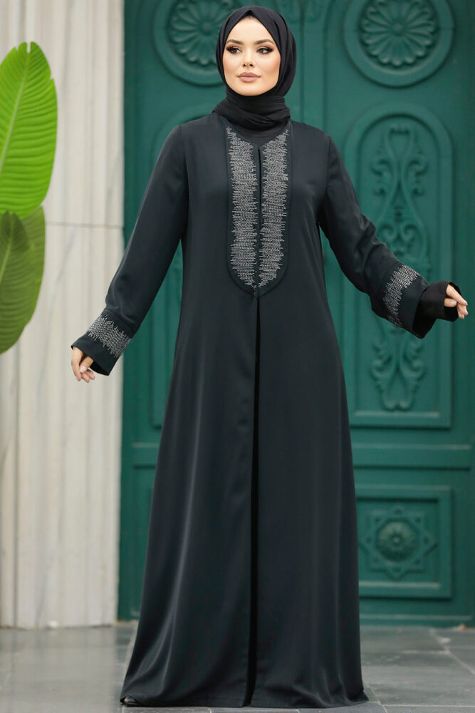 Neva Style - Desen Detaylı Siyah Tesettür Abaya 31132S - 4