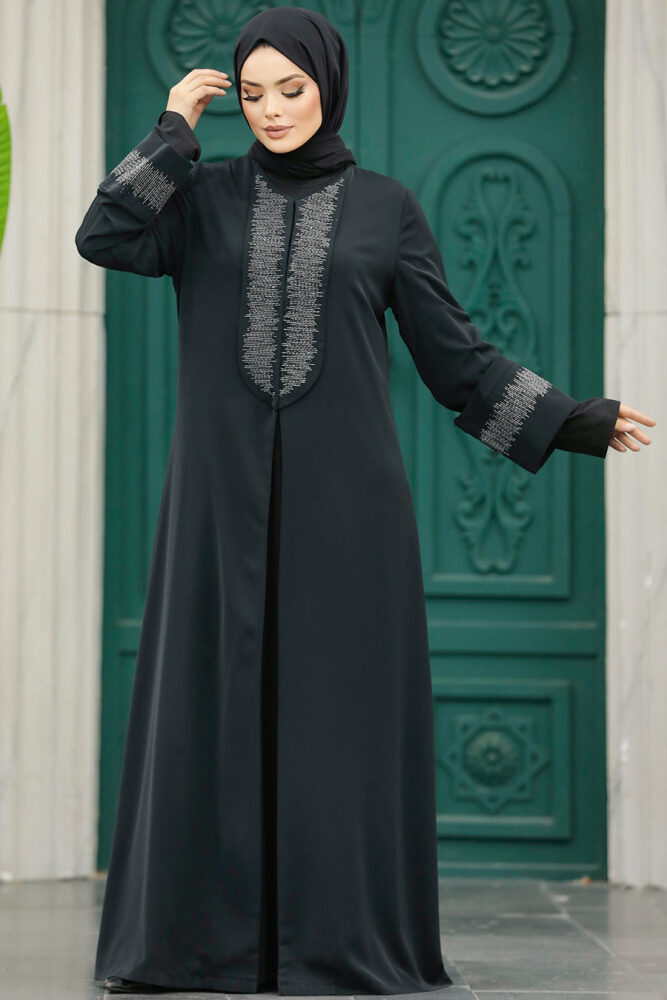 Neva Style - Desen Detaylı Siyah Tesettür Abaya 31132S - 1