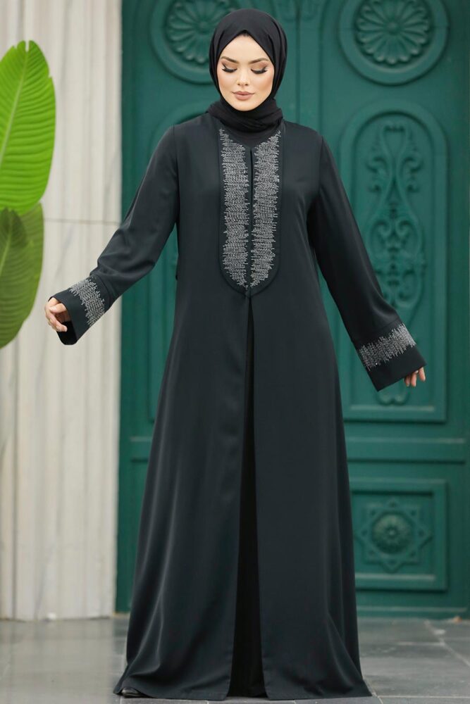 Neva Style - Desen Detaylı Siyah Tesettür Abaya 31132S - 2