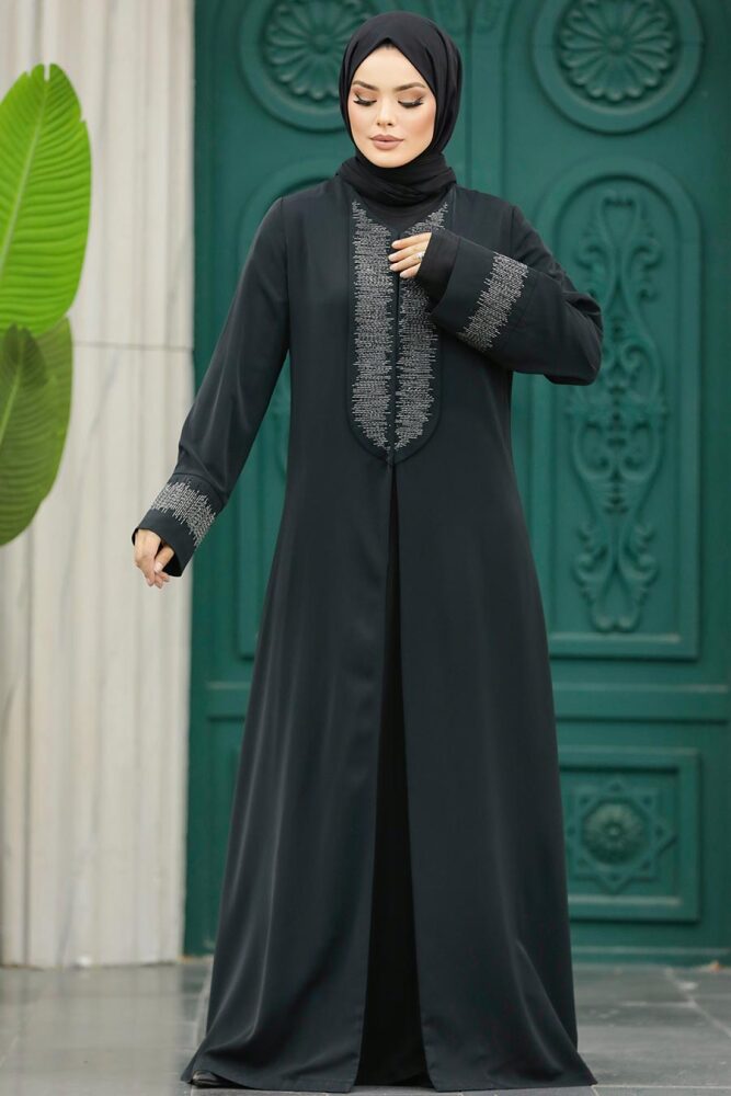 Neva Style - Desen Detaylı Siyah Tesettür Abaya 31132S - 3