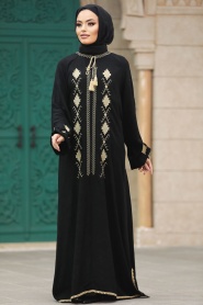 Neva Style - Desen Detaylı Siyah Tesettür Elbise 10136S - Thumbnail