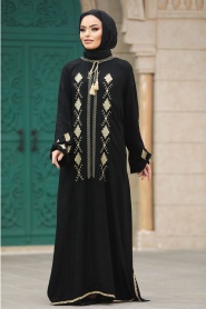Neva Style - Desen Detaylı Siyah Tesettür Elbise 10136S - Thumbnail