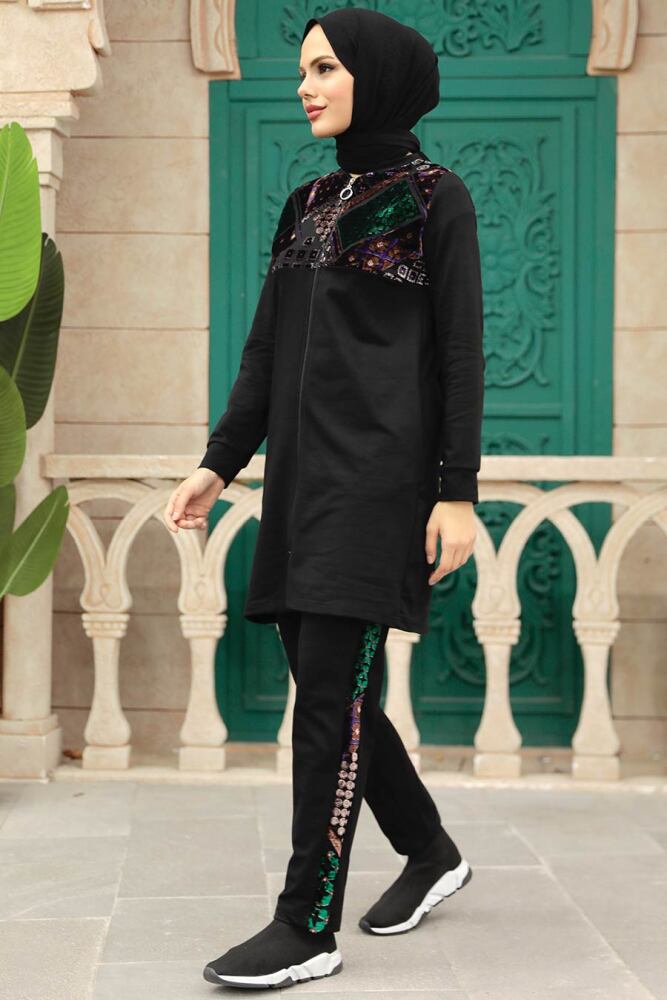 Neva Style - Desen Detaylı Siyah Tesettür İkili Takım 13660S - 2