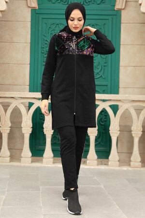 Neva Style - Desen Detaylı Siyah Tesettür İkili Takım 13660S - 1