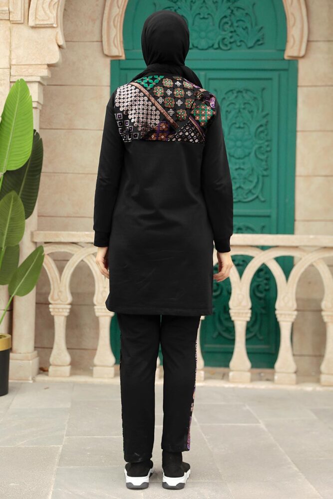 Neva Style - Desen Detaylı Siyah Tesettür İkili Takım 13660S - 3