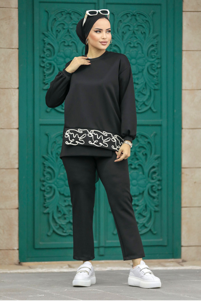 Neva Style - Desen Detaylı Siyah Tesettür İkili Takım 7113S - 1