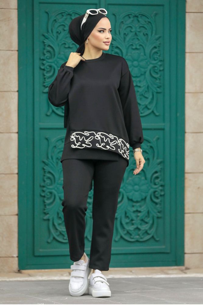 Neva Style - Desen Detaylı Siyah Tesettür İkili Takım 7113S - 2