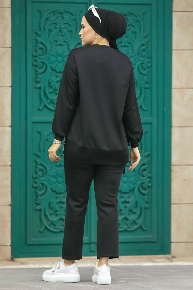 Neva Style - Desen Detaylı Siyah Tesettür İkili Takım 7113S - 3