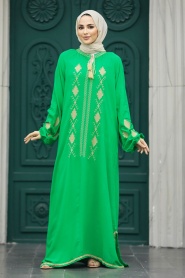 Neva Style - Desen Detaylı Yeşil Tesettür Elbise 10136Y - Thumbnail